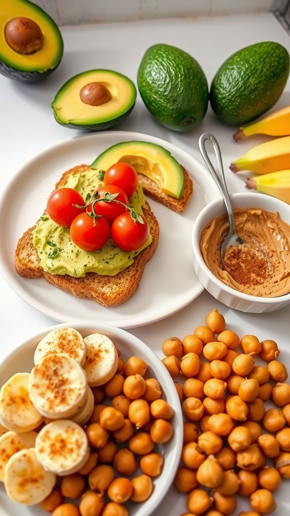 Three snacks: avocado toast, banana peanut butter bites, and spiced chickpeas in a colorful kitchen.